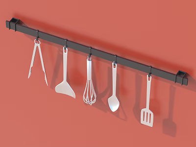 Black Hanging Rod With Kitchen Utensils Tongs Spatula Whisk Ladle Scraper On Orange Wall 3d model