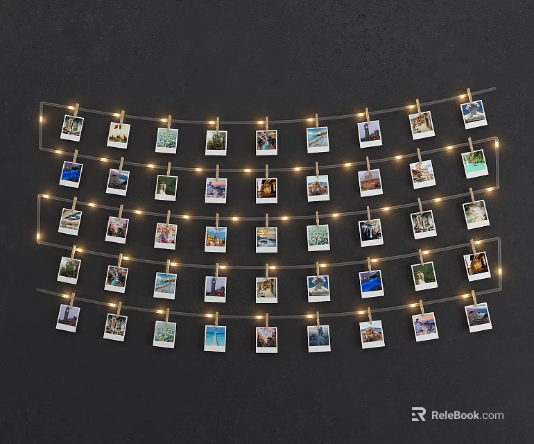 Cozy Photo Wall with String Lights Clothespins and Memorable Photos for Home Decor 3d model 