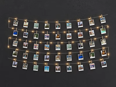 Cozy Photo Wall with String Lights Clothespins and Memorable Photos for Home Decor 3d model