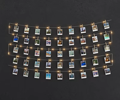 Cozy Photo Wall with String Lights Clothespins and Memorable Photos for Home Decor 3d model