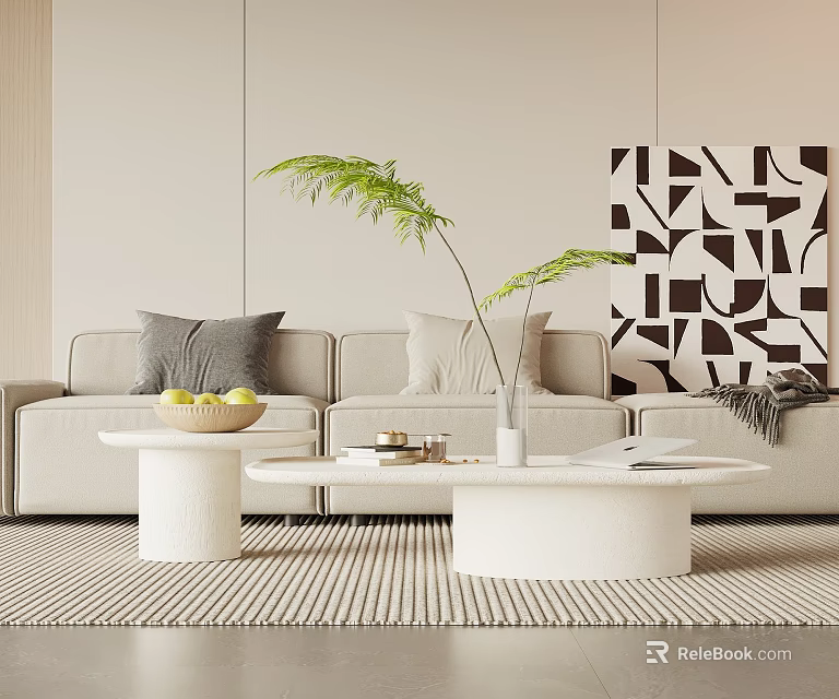 Modern Living Room White Coffee Table With Green Plant Geometric Art And Beige Sofa Pillows 3d model 