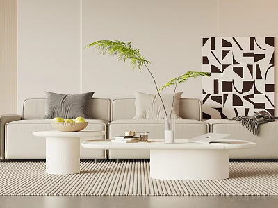 Modern Living Room White Coffee Table With Green Plant Geometric Art And Beige Sofa Pillows 3d model
