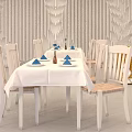 Stylish Dining Table With White Tablecloth Blue Placemats White Chairs Textured Wall And Geometric Decor