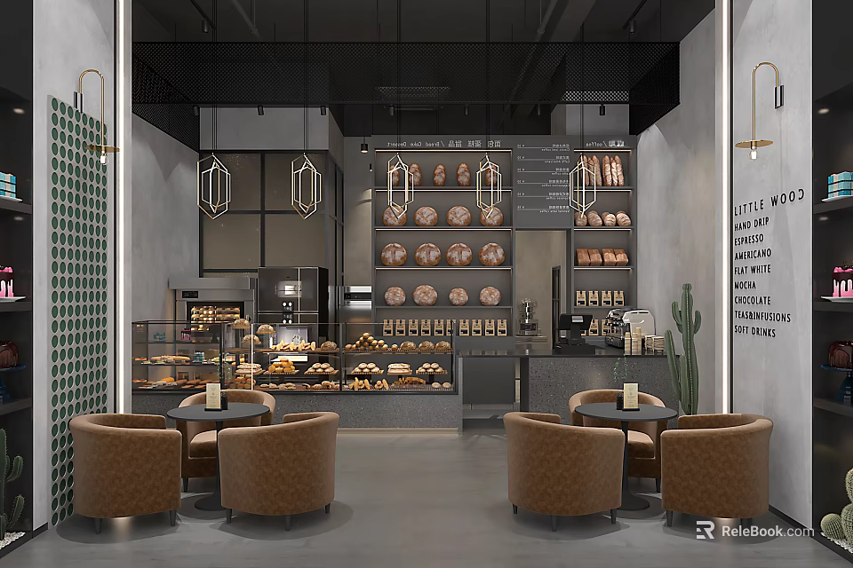 Modern Bakery Interior With Bread Display Cases Brown Armchairs And Cactus Decor Seating Area 3d model