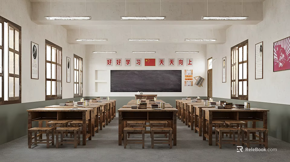 School Classroom with Spacious Interior Wooden Desks Chairs Blackboard Bright Lighting and Inspirational Slogan 3d model 
