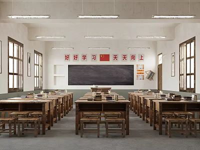School Classroom with Spacious Interior Wooden Desks Chairs Blackboard Bright Lighting and Inspirational Slogan 3d model
