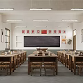 School Classroom with Spacious Interior Wooden Desks Chairs Blackboard Bright Lighting and Inspirational Slogan