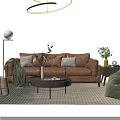Modern Brown Leather Sofa and Coffee Table Set with Green Plants Pillows and Area Rug