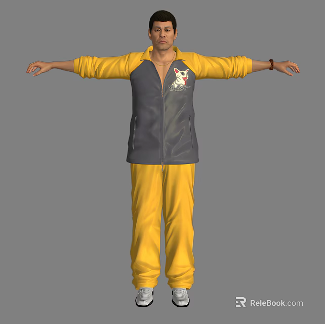 A Man in Yellow and Gray Sportswear With Cartoon Animal Print Standing With Arms Outstretched 3d model 