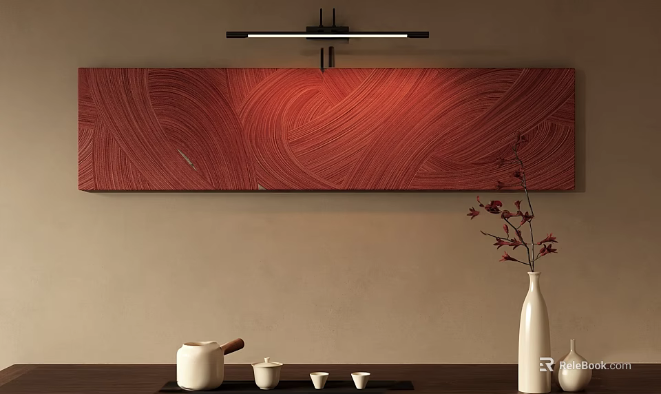 Red Abstract Painting With Wavy Lines In Modern Interior And Tea Set With White Vase 3d model 