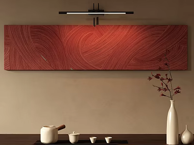 Red Abstract Painting With Wavy Lines In Modern Interior And Tea Set With White Vase 3d model