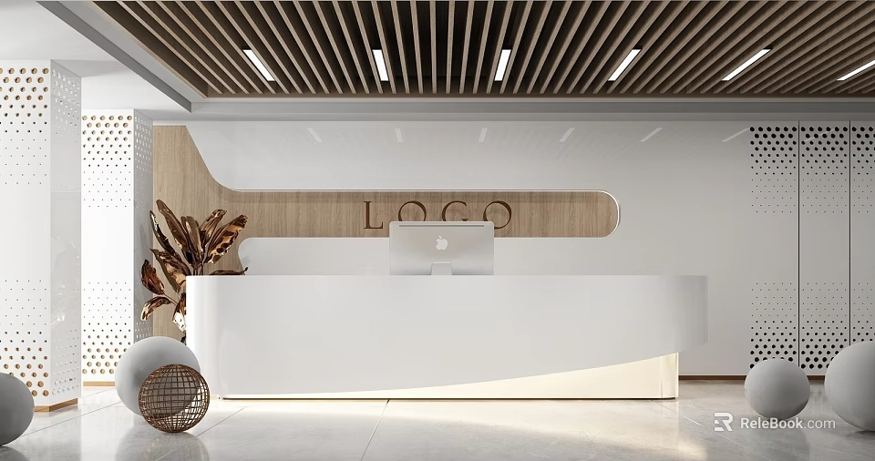 Modern Front Desk Reception With White Counter Wooden Backdrop And Ceiling Lights 3d model 