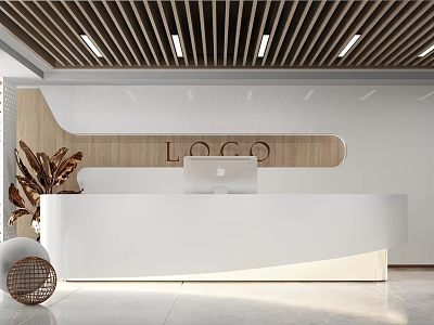 Modern Front Desk Reception With White Counter Wooden Backdrop And Ceiling Lights 3d model