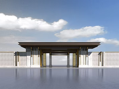 Traditional Chinese Entrance Gate Featuring Stone Wall Eave Columns and Open Water with Blue Sky 3d model