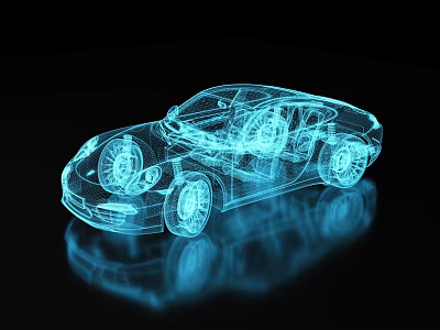 Blue 3D Wireframe Car Model with Swing Door and Reflection on Black Background 3d model