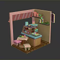 Charming Miniature Pink Shop Scenery With Striped Awning Wooden Tables And Shelf Decor
