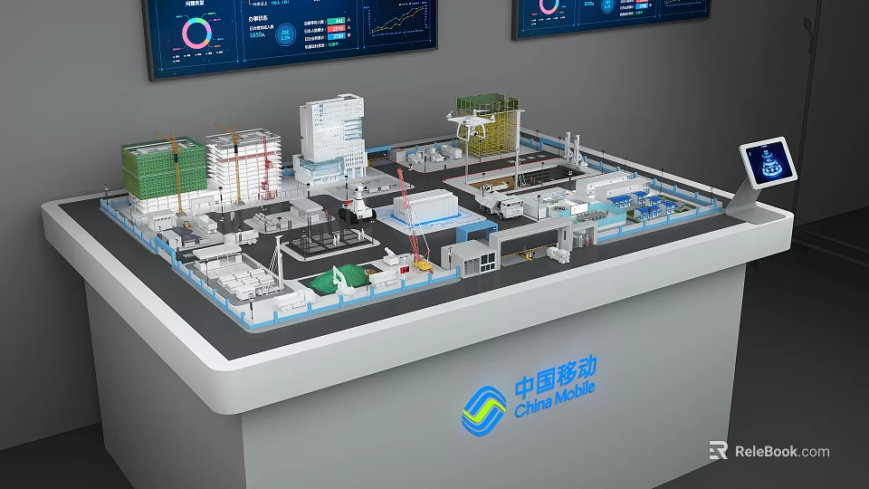 China Mobile Sand Table Featuring Detailed Facility Models Data Visualization Screens and Infrastructure Layout 3d model 