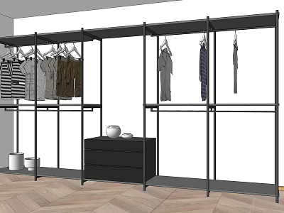 Black Metal Open Clothing Rack With Hanging Clothes Drawer Cabinet Storage Bins And Wooden Floor 3d model