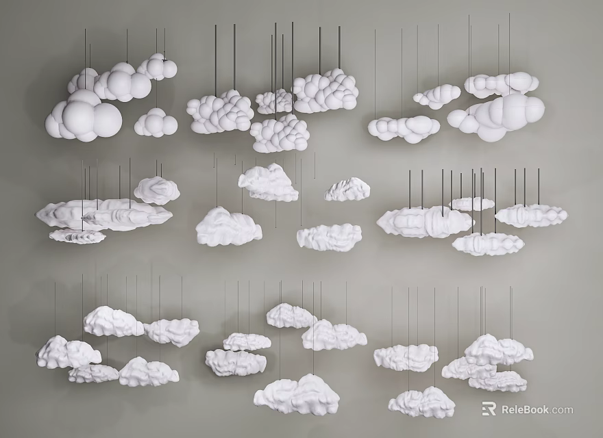 Multiple White Cloud Shaped Pendant Lights Hanging In Modern Interior Design 3d model