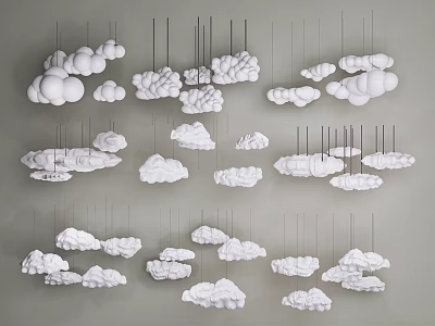 Multiple White Cloud Shaped Pendant Lights Hanging In Modern Interior Design 3d model