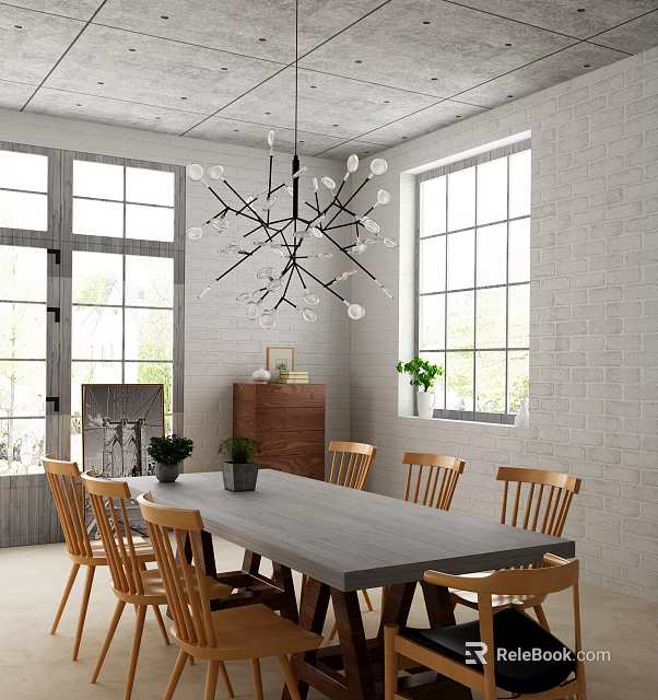 Modern Dining Table Set With Gray Table Wooden Chairs Large Windows And White Brick Wall 3d model 