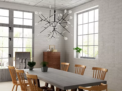 Modern Dining Table Set With Gray Table Wooden Chairs Large Windows And White Brick Wall 3d model