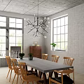 Modern Dining Table Set With Gray Table Wooden Chairs Large Windows And White Brick Wall