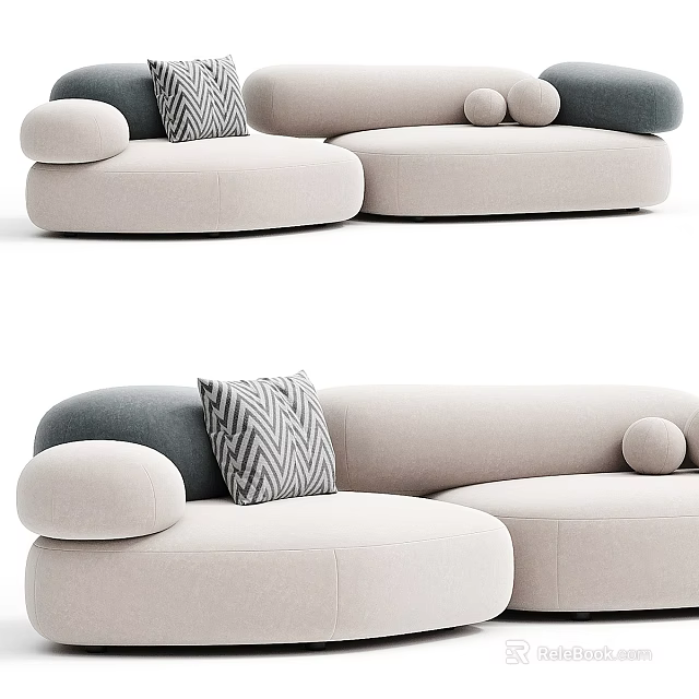Light Beige Sectional Sofa With Dark Gray Accents And Patterned Pillows 3d model 