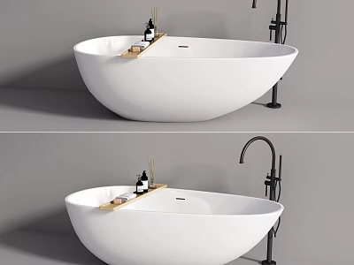 Freestanding White Bathtub with Black Faucet and Wooden Tray Holding Bath Products 3d model