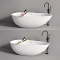 Freestanding White Bathtub with Black Faucet and Wooden Tray Holding Bath Products