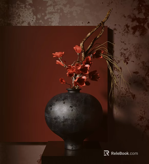 Stylish Decorative Ornament Set With Black Vase Red Flowers Dried Grass And Red Textured Wall 3d model 