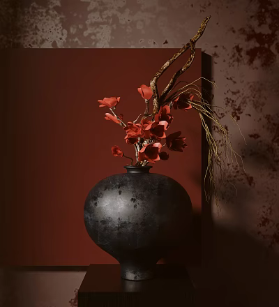 Stylish Decorative Ornament Set With Black Vase Red Flowers Dried Grass And Red Textured Wall 3d model