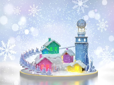 Whimsical Snowy Scene With Colorful Houses Lighthouse Decorative Trees And Snowflakes 3d model