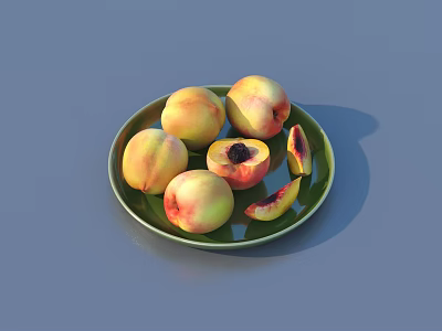 Fresh Whole And Sliced Peaches On Green Plate With Visible Pits 3d model