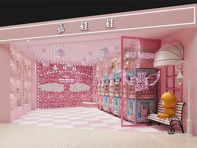 Pink Shopping Mall Doll Store With Claw Machines Wings Checkerboard Floor And Yellow Doll 3d model