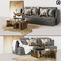 Elegant Gray Velvet Sofa With Decorative Pillows White Blanket Glass Coffee Table And Gold Accents