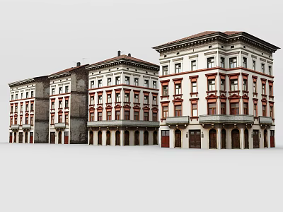 Historic European Style Multi Story Buildings With Red White Facades And Arched Windows 3d model