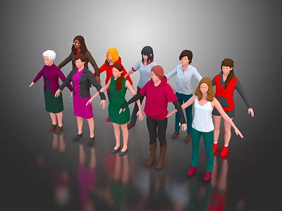 Multiple 3D Character Models With Various Outfits Hairstyles And Diverse Poses 3d model