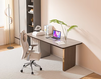 Modern Home Office Desk With Ergonomic Chair Laptop And Green Plant 3d model