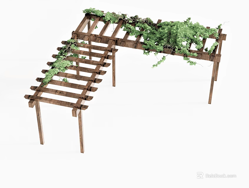 Outdoor Wooden Pergola Adorned With Lush Green Climbing Vines 3d model 