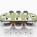 Oval Conference Table With Green Tabletop And Eight Gray Padded Chairs For Modern Office