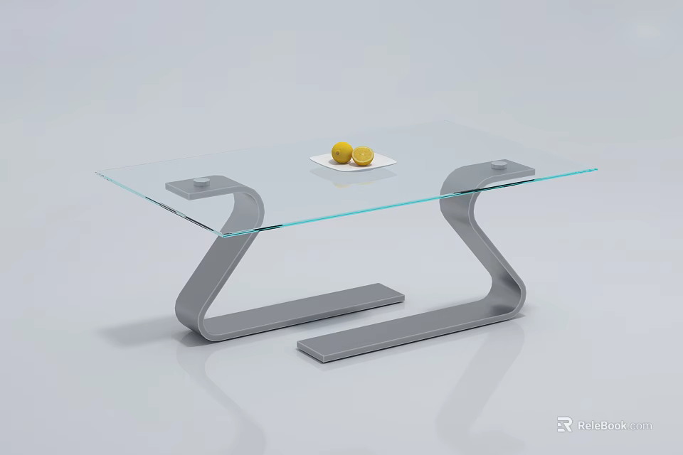 Stylish Coffee Table With Glass Top Curved Grey Metal Frame And White Plate With Yellow Fruits 3d model 