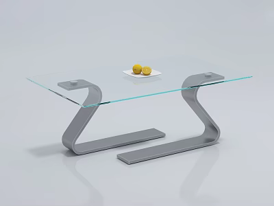 Stylish Coffee Table With Glass Top Curved Grey Metal Frame And White Plate With Yellow Fruits 3d model