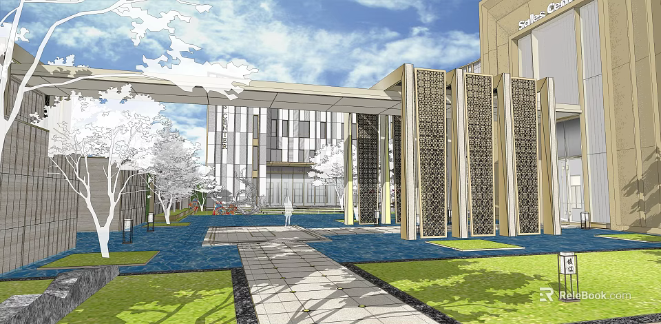 Modern Entrance Gate With Decorative Columns Stone Pathway Greenery And Modern Building 3d model 
