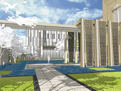 Modern Entrance Gate With Decorative Columns Stone Pathway Greenery And Modern Building 3d model