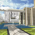 Modern Entrance Gate With Decorative Columns Stone Pathway Greenery And Modern Building