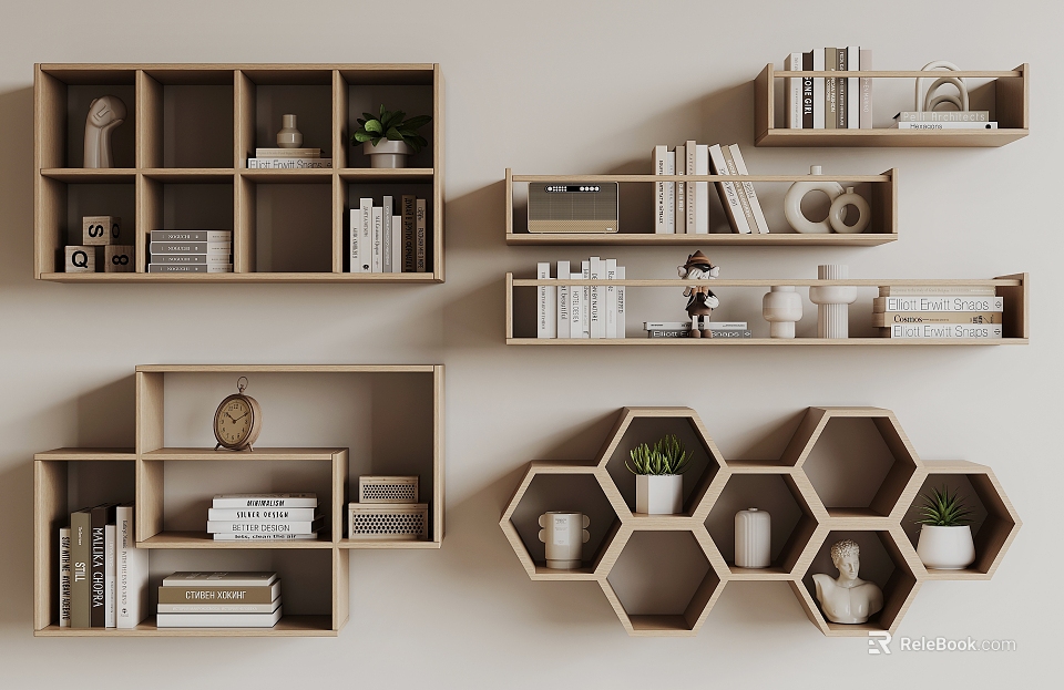 Modern Wooden Wall Mounted Shelving Units With Hexagonal Design For Books Decorations And Plants 3d model 