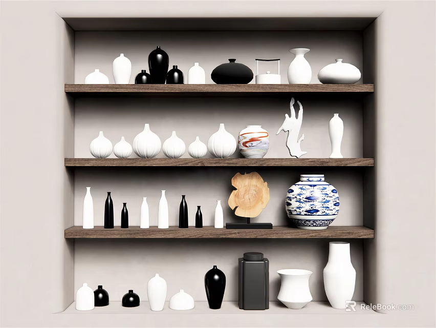 Ceramic Vessels Display On Wooden Shelves With Various White Black And Blue Shapes 3d model 