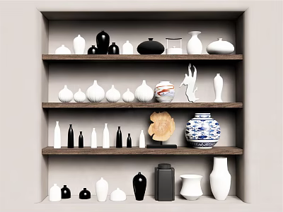 Ceramic Vessels Display On Wooden Shelves With Various White Black And Blue Shapes 3d model