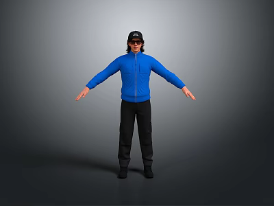 Man in Blue Jacket Black Cap and Black Pants with Arms Outstretched Against Gray Background 3d model